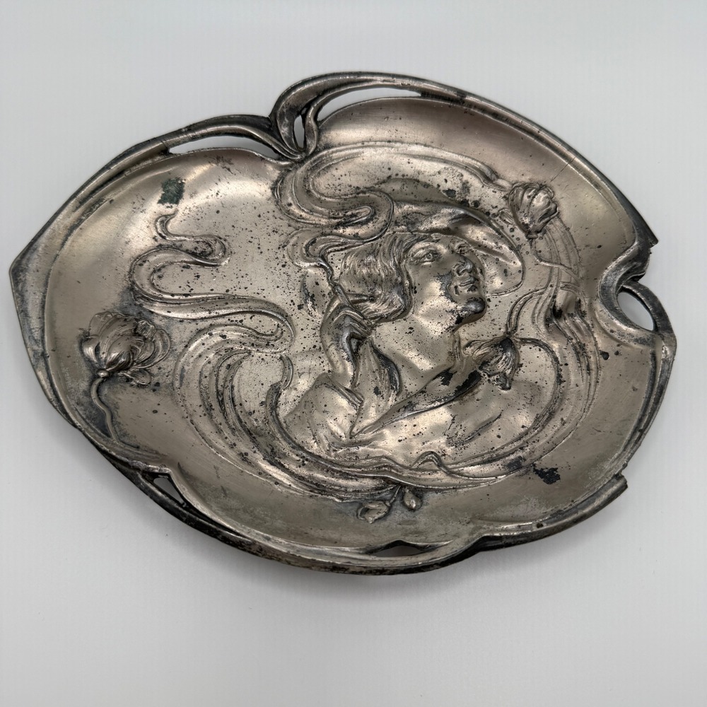 Antique Art Nouveau Bronze? Tray Woman Poppies Repousse Vanity Trinket Dish
